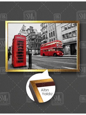 SML Tablo Kırmızı Telefon Kulubesi Otobüs Şehir Londra Manzara Yatay Çerçeveli Kanvas Tablo