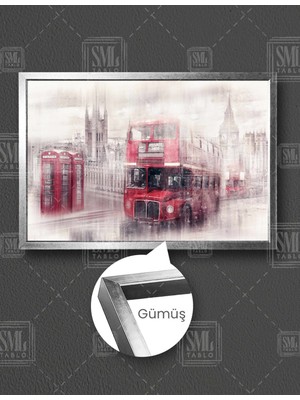SML Tablo Kırmızı Telefon Kulubesi ve Otobüs Londra Retro Nostalji Seyahat Dekor Yatay Çerçeveli Kanvas Tablo