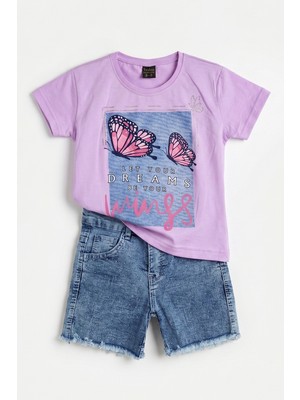 Joy Kids Kız Çocuk Kot Şortlu Günlük Trend Takım (3-10YAŞ) (Lila)