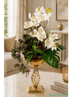 Yapay Çiçek Sitesi Metal Altın Vazoda Cymbidium Orkide Tanzimi 80CM Beyaz