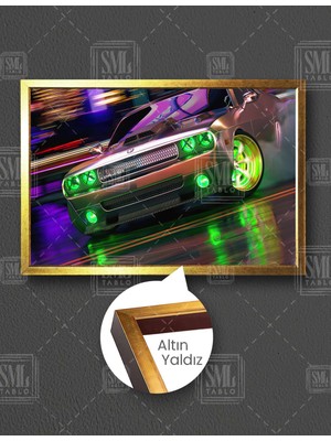 SML Tablo Drift Araba Car Neon Yatay Çerçeveli Kanvas Tablo