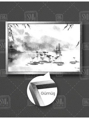 SML Tablo Japon Evleri Göl Doğa Manzarası Gri Tonlar Yatay Çerçeveli Kanvas Tablo