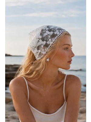 Haki Store Dantel Bandana Beyaz Desenli Transparan Bel Bandanası Saç ve Bel Aksesuarı