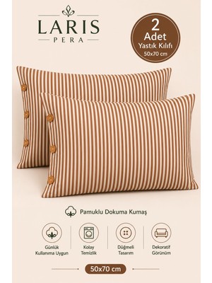 Larispera Çizgili Düğmeli 2'li Yastık Kılıfı Pamuklu Dekoratif Yastık Kılıfı 50X70 cm 8 Renk Seçeneği