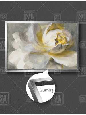 SML Tablo Beyaz Sarı Dekoratif Çiçek Modern Pastel Renkler Yatay Çerçeveli Kanvas Tablo