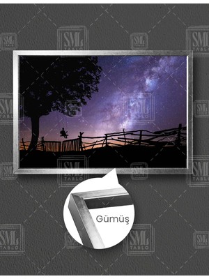SML Tablo Gece Yıldızlar Altında Salıncakta Sallanan Adam Gece Manzarası Ağaç Yatay Çerçeveli Kanvas Tablo