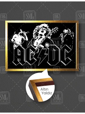SML Tablo Ac Dc Rock N Roll Müzik Grubu Gitar Siyah Beyaz Nostalji Sanat Yatay Çerçeveli Kanvas Tablo