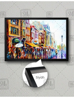 SML Tablo Amsterdam Yağmur Altında Yürüyen Şehirdeki Insanlar Yatay Çerçeveli Kanvas Tablo