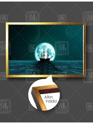 SML Tablo Ay Işığı Altındaki Gemi Gece Deniz Manzarası Doğa Yatay Çerçeveli Kanvas Tablo