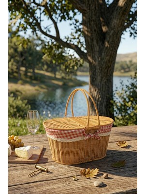 İska Hediyelik Rattan Görünümlü Vintage Piknik Sepeti - Yıkanabilir Iç Astarlı & Kapaklı