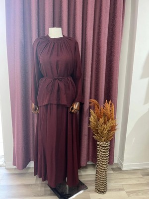 Miraydin Butik Kadın Belden Bağlamalı Oversize Müslin  Etekli Takım M2676 - Mürdüm