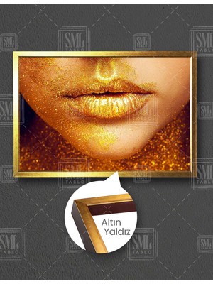 SML Tablo Altın Simli Kadın Dudağı Makyaj Kuaför Gold Ruj Woman Gold Dekor Yatay Çerçeveli Kanvas Tablo
