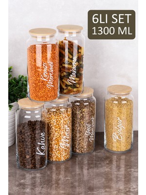Dolkin Home 6lı 1300 ml Erzak Seti Bambu Vakum Kapaklı Şeffaf Etiketli Cam Kavanoz Bakliyat Seti