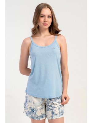 Kezokino Kadın Ince Askılı Şortlu Mavi Pijama Takımı Yazlık Ev Giyimi C3T0N2215