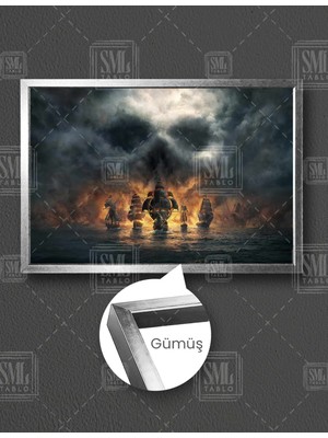 SML Tablo Denizde Savaşan Gemiler Kurukafa Bulut Yelkenli Yatay Çerçeveli Kanvas Tablo