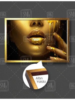 SML Tablo Gold Makyaj Altın Damlaları Kadın Woman Kuaför Dekor Yatay Çerçeveli Kanvas Tablo