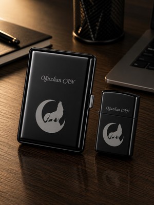 Biton Toptan Kişiye Özel Bozkurt Temalı Benzinli Metal Çakmak ve Tabaka Seti – Babaya Premium Hediye Seti