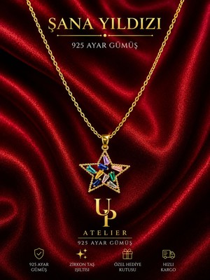 Up Atelier 925 Ayar Gümüş Renkli Zirkon Taşlı Gold Yıldızlı Kolye