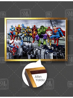 SML Tablo Gökdelen Inşaatında Öğle Yemeği Molası Süper Kahramanlar Örümcek Adam Hulk Süperman Iş Güvenliği Yatay Çerçeveli Kanvas Tablo