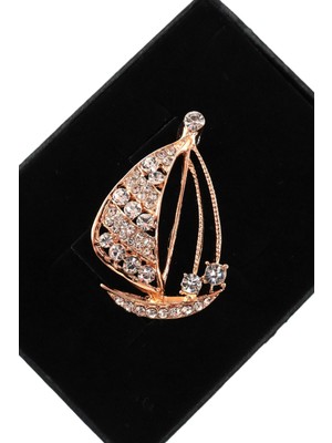 Keeba Özgürlüğün Rotası Yelkenli Broş Kristal Taşlı Gold Renkli Unisex Erkek Kadın Yaka Iğnesi Gemi
