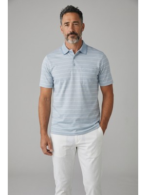 Erkek Simenti Yakalı Cepli Penye Çizgili Baba Buz Mavi Tshirt
