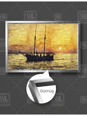 SML Tablo Gün Batımı Yelkenli Gemi ve Balıkçılar Yatay Çerçeveli Kanvas Tablo