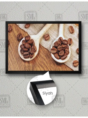SML Tablo Kaşık Üzerindeki Kahve Çekirdekleri Mutfak Cafe Bar Dekor Yatay Çerçeveli Kanvas Tablo