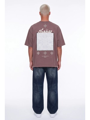 Respire Erkek Sonar Nakış Detaylı Oversize T-Shirt Kahve