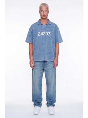 Respire Erkek 24207 Baskılı Yıkamalı Oversize T-Shirt Mavi