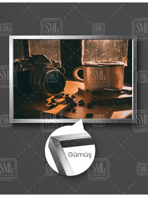 SML Tablo Kahve ve Fotorğraf Makinası Retro Olympus Nostalji Yatay Çerçeveli Kanvas Tablo
