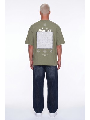 Respire Erkek Sonar Nakış Detaylı Oversize T-Shirt Haki