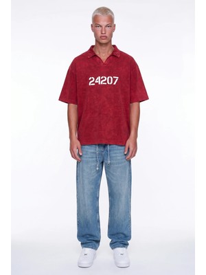 Respire Erkek 24207 Baskılı Yıkamalı Oversize T-Shirt Bordo