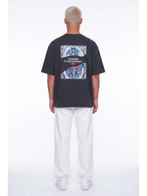 Respire Erkek Itsbyzey Nakış Detaylı Oversize T-Shirt Füme