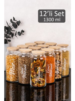 Dolkin Home 12LI 1300 ml Erzak Seti Bambu Vakum Kapaklı Şeffaf Etiketli Cam Kavanoz Bakliyat Seti