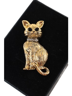 Keeba Göz Kamaştıran Gold Renkli Kedi Broş Uniseks Erkek Kadın Taşlı Kedili Yaka Iğnesi Broş.
