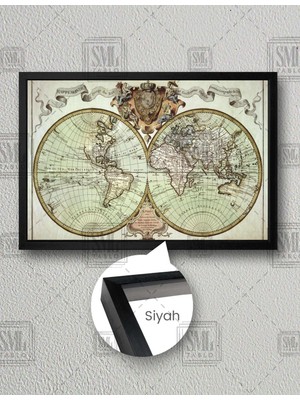 SML Tablo Nostalji Dünya Haritası Retro World Map Yatay Çerçeveli Kanvas Tablo
