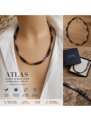 Sinem Şanlı Atelier Atlas Ahşap Boncuklu Mavi Cam Detaylı Uniseks Kolye 50+5 cm Kutulu Hediyelik
