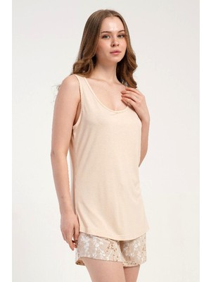 Kezokino Kadın Kalın Askılı Şortlu Açık Kahve Pijama Takımı Rahat Kesim Yazlık Ev Giyimi C9T3N2215