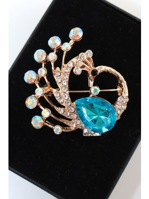 Keeba Ölümsüz Güzellik Tavus Kuşu Broş Gold Renkli Kristal ve Safir Taşlı Kadın Yaka Iğnesi