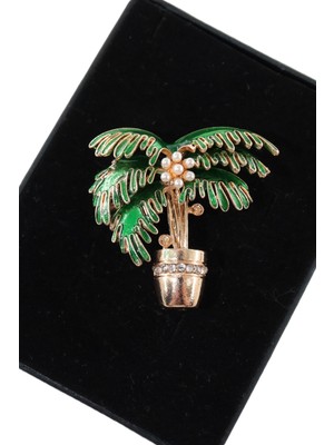 Keeba Tropik Cennet Coconut Ağacı Broş Gold Renkli Incili Hindistan Cevizi Ağaçlı Kadın Yaka Iğnesi