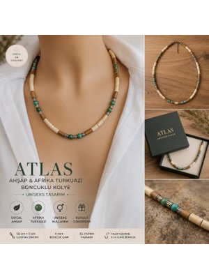 Sinem Şanlı Atelier Atlas Ahşap ve Afrika Turkuazı Boncuklu Uniseks Kolye 52+5 cm Kutulu Hediyelik
