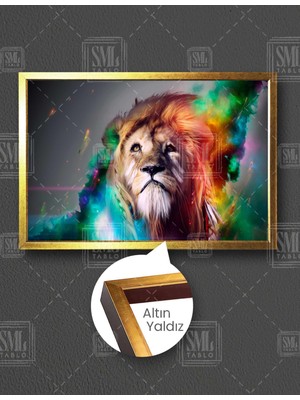 SML Tablo Rengarenk Aslan Vahşi Hayvan Dijital Sanat Dekor Yatay Çerçeveli Kanvas Tablo