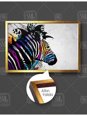 SML Tablo Rengarenk Zebra Kafası Renkli Hayvan Lüks Dekor Yatay Çerçeveli Kanvas Tablo