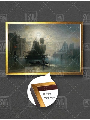 SML Tablo Ressam Karl Heilmayer Gün Batarken Sahildeki Gemiler Yatay Çerçeveli Kanvas Tablo