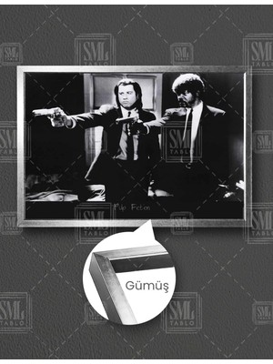 SML Tablo Pulp Fiction John Travolta Samuel Jackson Silah Sahnesi Retro Dekor Yatay Çerçeveli Kanvas Tablo