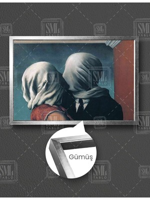 SML Tablo Ressam Rene Magritte Aşıklar Eseri Öpüşen Çift Sanat Yatay Çerçeveli Kanvas Tablo