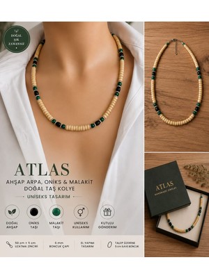 Sinem Şanlı Atelier Atlas Malakit ve Oniks Doğal Taşlı Ahşap Boncuklu Uniseks Kolye 50+5 cm Kutulu Hediyelik