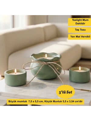 Nigi Store 3'lü Bohem Bohça Kurdaleli Yeşil Mum Takımı Hediyelik Salon Balkon Banyo Eşyası