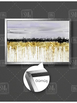 SML Tablo Soyut Şehir Gölgesi Altın Damlalar Gold Siyah Lüks Modern Dekor Yatay Çerçeveli Kanvas Tablo