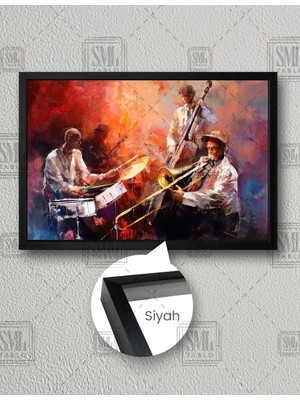 SML Tablo Müzik Yapan Caz Grubu Baterist Saksafoncu Çello Virtüözü Yatay Çerçeveli Kanvas Tablo